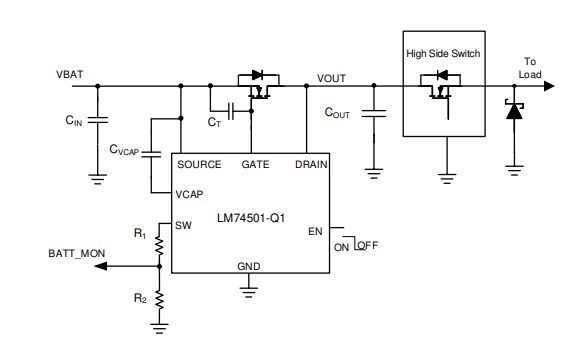 Application Circuit Diagram - Texas Instruments LM74501-Q1 Reverse Polarity Protection Controller